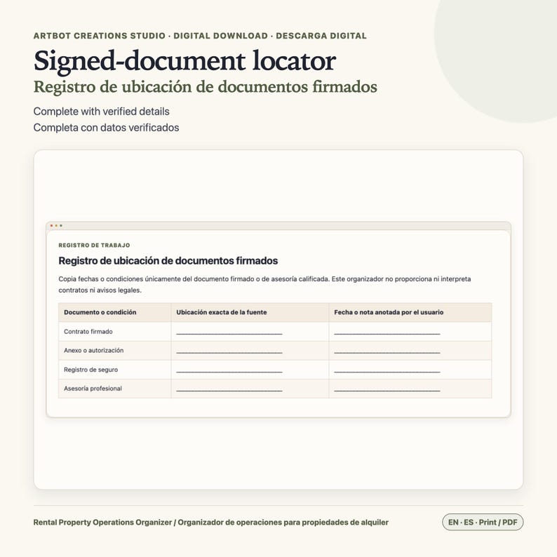 May include: A digital document template titled Signed-document locator with a table for tracking signed contracts, authorizations, insurance records, and professional advice, featuring columns for document type, source location, and user notes.