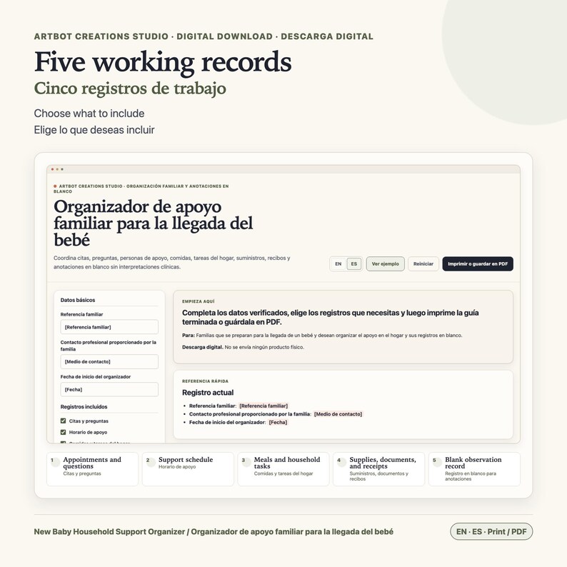 May include: A digital baby household support organizer template featuring sections for appointments, support schedules, meals, household tasks, supplies, documents, receipts, and blank observation records, with text in English and Spanish.
