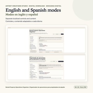 May include: A digital download featuring a Rental Property Operations Organizer with separate English and Spanish modes. The interface displays fields for property details, current records, and signed document locators, allowing users to print or save as PDF.