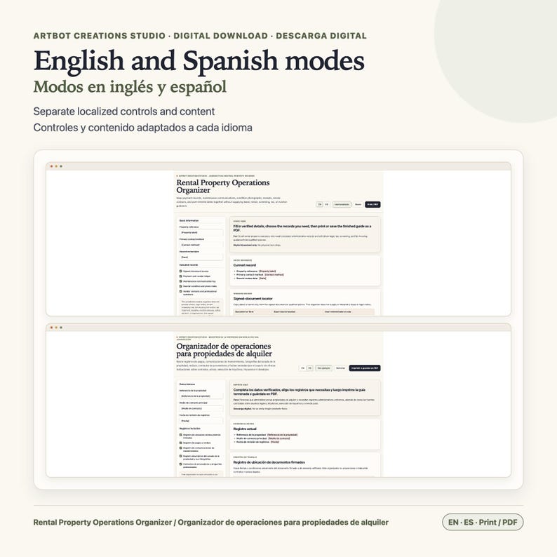 May include: A digital download featuring a Rental Property Operations Organizer with separate English and Spanish modes. The interface displays fields for property details, current records, and signed document locators, allowing users to print or save as PDF.