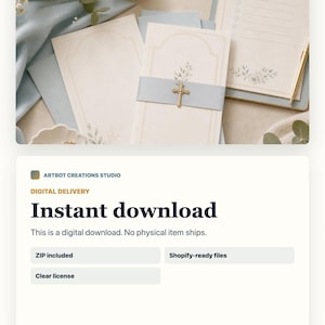 May include: A set of cream-colored stationery featuring delicate floral illustrations and gold-toned cross embellishments. The paper is accented with light blue bands and includes a matching checklist, all arranged with a gold pen and fabric.