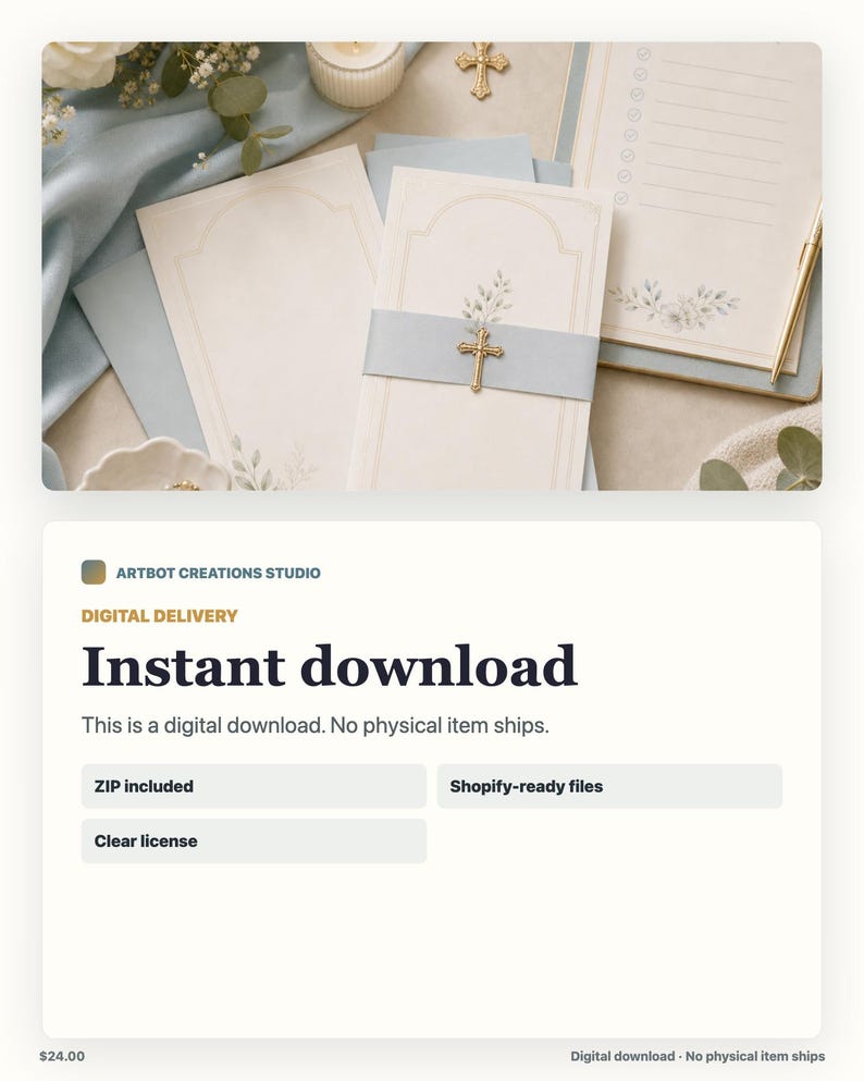 May include: A set of cream-colored stationery featuring delicate floral illustrations and gold-toned cross embellishments. The paper is accented with light blue bands and includes a matching checklist, all arranged with a gold pen and fabric.