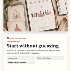 May include: A wedding planning clipboard featuring a printed template with a line of illustrated figures, checkboxes, and text sections. Beside it are two cards with illustrations of a church and a person in a gown, a smartphone, and a gold pen.