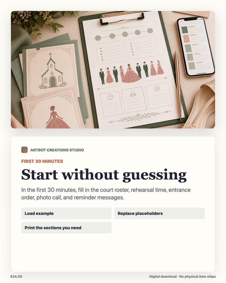 May include: A wedding planning clipboard featuring a printed template with a line of illustrated figures, checkboxes, and text sections. Beside it are two cards with illustrations of a church and a person in a gown, a smartphone, and a gold pen.