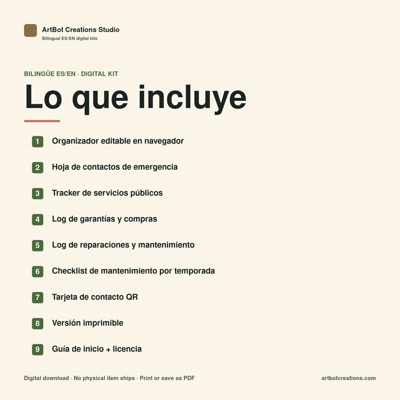 May include: A digital kit information sheet titled Lo que incluye, listing nine items: browser-editable organizer, emergency contact sheet, utility tracker, warranty and purchase log, repair and maintenance log, seasonal maintenance checklist, QR contact card, printable version, and a startup guide plus license.