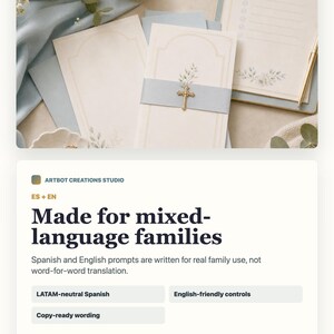May include: A set of cream-colored stationery featuring delicate floral illustrations, light blue paper bands, and gold-toned cross embellishments. The collection includes folded cards, envelopes, and a lined checklist pad, all arranged with a gold pen.