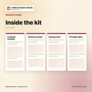 May include: A digital kit preview page titled Inside the kit, featuring four vertical cards labeled Invitation wording, Padrinos tracker, Seating chart, and Printable signs. Each card contains placeholder text lines and rectangular boxes on a gradient background.