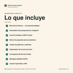May include: A digital kit information graphic titled Lo que incluye with a list of nine items in Spanish. The list features a planner, budget calculator, guest list, vendor questions, sponsor tracker, court organizer, schedule, messages, and PDF options.