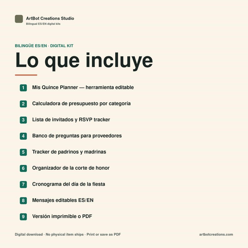May include: A digital kit information graphic titled Lo que incluye with a list of nine items in Spanish. The list features a planner, budget calculator, guest list, vendor questions, sponsor tracker, court organizer, schedule, messages, and PDF options.