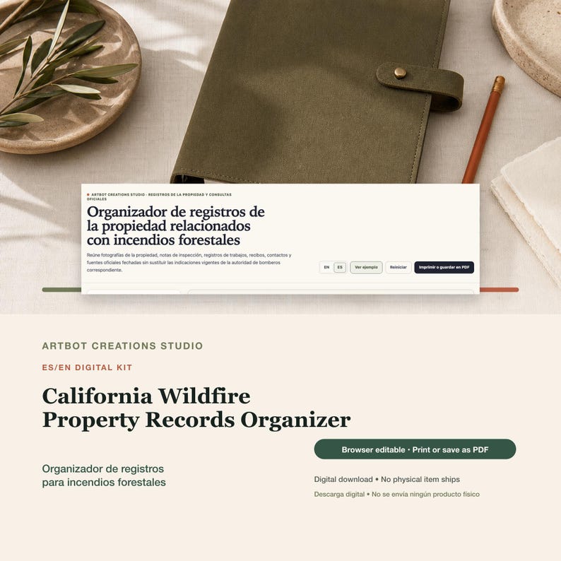 May include: A digital California Wildfire Property Records Organizer kit by Artbot Creations Studio. The interface features text in English and Spanish, including buttons for browser editing, printing, and saving as a PDF file.