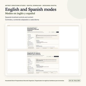 K&ouml;nnte beinhalten: Ein digitaler Download mit einem Haushalts-Sturmvorbereitungs-Organizer in englischer und spanischer Sprache. Die Benutzeroberfl&auml;che zeigt Abschnitte f&uuml;r grundlegende Informationen, Notfallkontakte und Haushaltsunterlagen zum Ausdrucken oder Speichern als PDF.