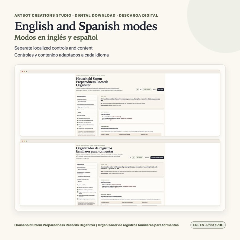 K&ouml;nnte beinhalten: Ein digitaler Download mit einem Haushalts-Sturmvorbereitungs-Organizer in englischer und spanischer Sprache. Die Benutzeroberfl&auml;che zeigt Abschnitte f&uuml;r grundlegende Informationen, Notfallkontakte und Haushaltsunterlagen zum Ausdrucken oder Speichern als PDF.