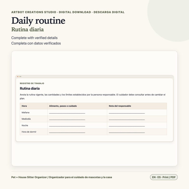Pet Sitter Instructions Spanish English | House Care Organizer image 3