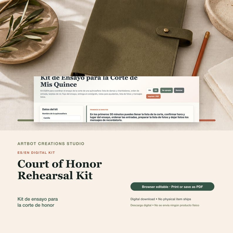 May include: A digital Court of Honor Rehearsal Kit by Artbot Creations Studio. The interface displays text in Spanish and English, including the title Kit de Ensayo para la Corte de Mis Quince, input fields for names, and buttons for browser editing and PDF saving.