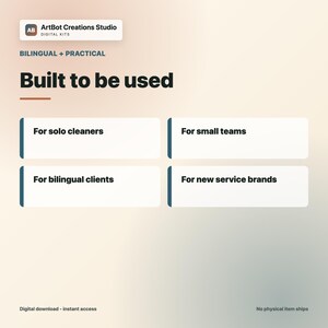 Peut inclure: Un graphique num&eacute;rique pr&eacute;sentant le texte ArtBot Creations Studio Digital Kits, Bilingual + Practical, et Built to be used. Quatre bo&icirc;tes rectangulaires blanches contiennent le texte For solo cleaners, For small teams, For bilingual clients, et For new service brands.