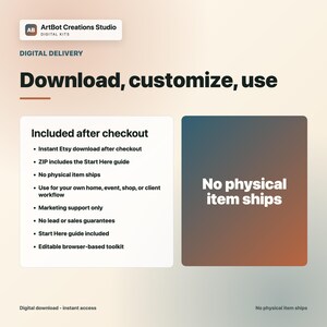 Peut inclure: Un graphique d'information sur un produit num&eacute;rique d'ArtBot Creations Studio. Le texte indique : Download, customize, use. Included after checkout : Instant Etsy download, ZIP includes Start Here guide, no physical item ships, marketing support.