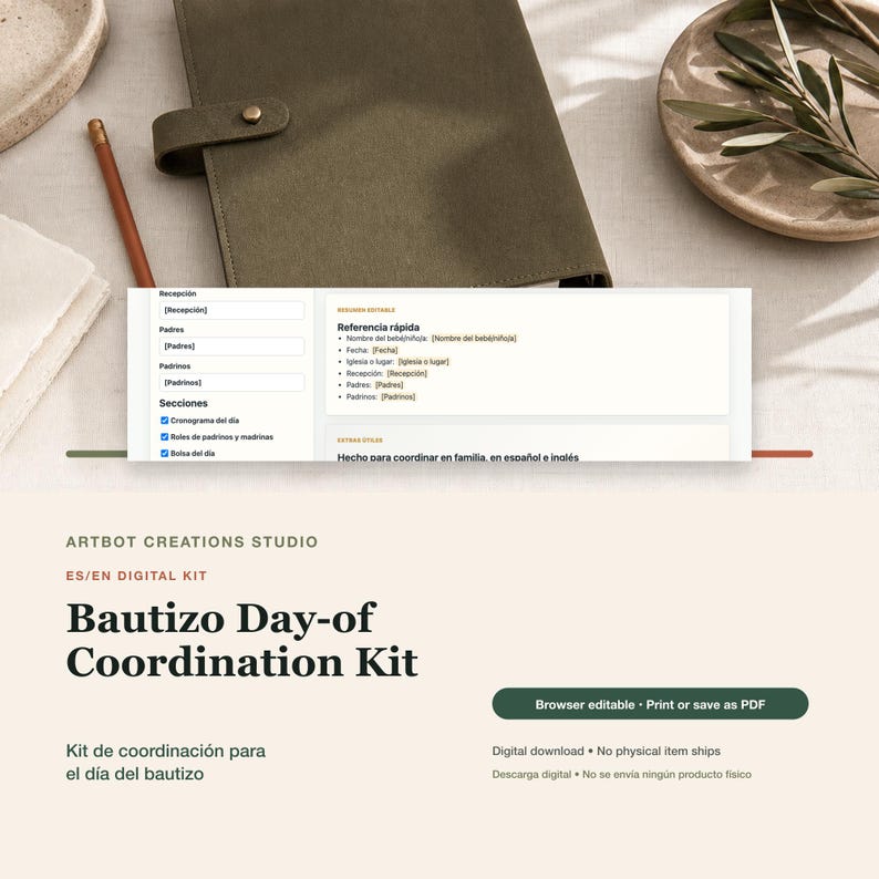 Bautizo Planner Spanish English | Baptism Day Timeline Padrinos Photo Checklist Digital Kit image 1