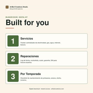 May include: A digital kit information sheet titled Built for you by ArtBot Creations Studio. It features three numbered sections in green boxes: 1 Servicios for utility tracking, 2 Reparaciones for maintenance logs, and 3 Por Temporada for seasonal checklists.