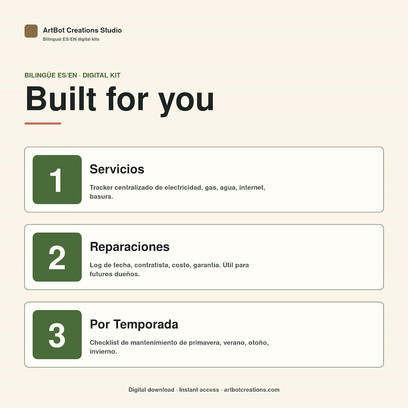 May include: A digital kit information sheet titled Built for you by ArtBot Creations Studio. It features three numbered sections in green boxes: 1 Servicios for utility tracking, 2 Reparaciones for maintenance logs, and 3 Por Temporada for seasonal checklists.