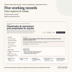 May include: A digital rental property operations organizer template featuring the text Five working records and Organizador de operaciones para propiedades de alquiler. The interface includes sections for property reference, payment logs, and maintenance communication.