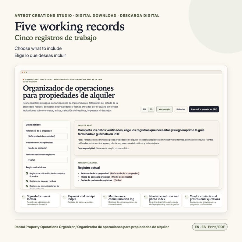 May include: A digital rental property operations organizer template featuring the text Five working records and Organizador de operaciones para propiedades de alquiler. The interface includes sections for property reference, payment logs, and maintenance communication.