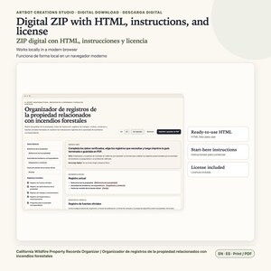 May include: A digital ZIP file containing an HTML organizer for California wildfire property records. The interface includes fields for property reference, fire authority, and inspection dates, with options to print or save as a PDF document.