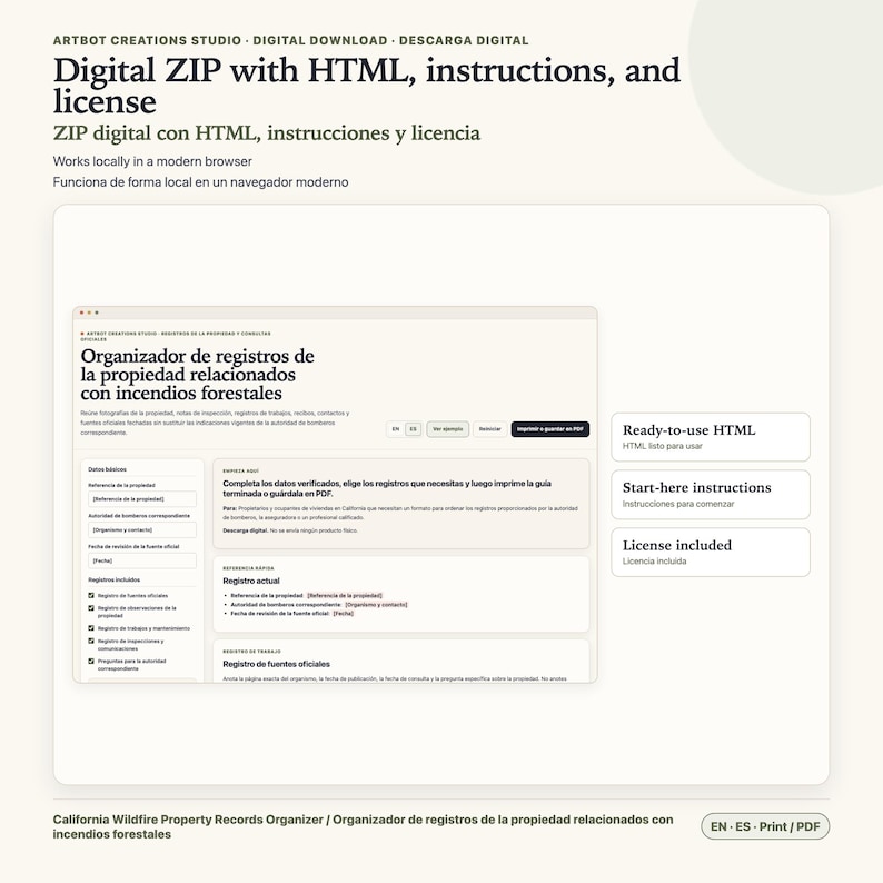 May include: A digital ZIP file containing an HTML organizer for California wildfire property records. The interface includes fields for property reference, fire authority, and inspection dates, with options to print or save as a PDF document.