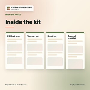 May include: A digital kit preview page titled Inside the kit, featuring four vertical cards labeled Utilities tracker, Warranty log, Repair log, and Seasonal checklist. Each card contains text lines and rectangular placeholders for data entry.