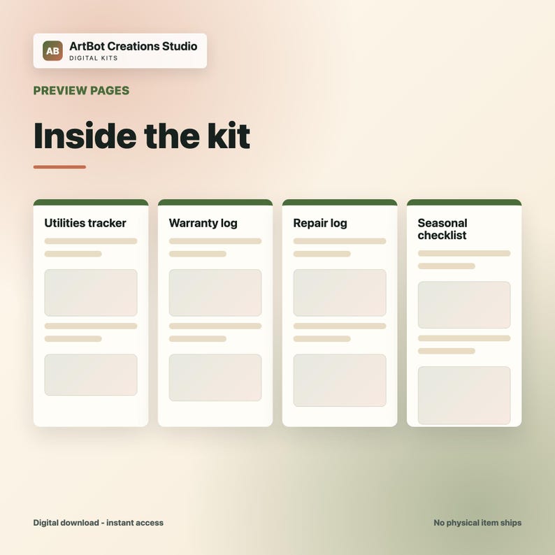 May include: A digital kit preview page titled Inside the kit, featuring four vertical cards labeled Utilities tracker, Warranty log, Repair log, and Seasonal checklist. Each card contains text lines and rectangular placeholders for data entry.