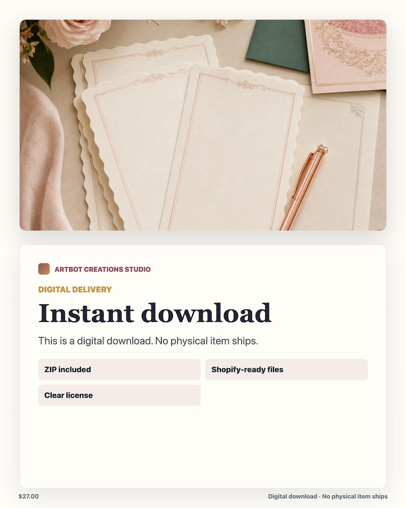 May include: A stack of cream-colored stationery sheets with scalloped edges and thin, rose-gold decorative borders. A rose-gold metallic pen rests on the paper, accompanied by a pink envelope with ornate gold filigree and a dark green card.