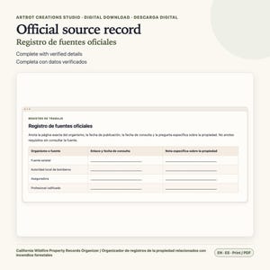 May include: A digital document template titled Official source record, featuring a table with columns for Organismo o fuente, Enlace y fecha de consulta, and Nota especifica sobre la propiedad, designed for tracking wildfire property records.