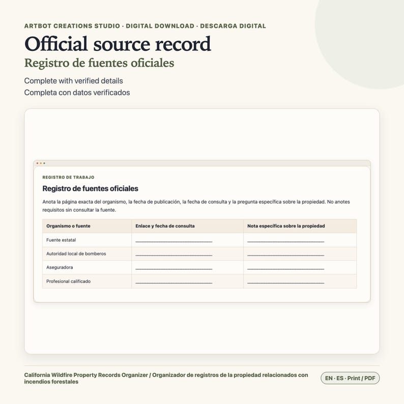 May include: A digital document template titled Official source record, featuring a table with columns for Organismo o fuente, Enlace y fecha de consulta, and Nota especifica sobre la propiedad, designed for tracking wildfire property records.