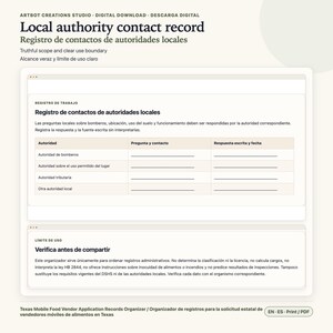 May include: A digital document template titled Local authority contact record, featuring a table for tracking inquiries with local officials, including columns for authority, contact, and written response, plus a usage disclaimer section in Spanish.