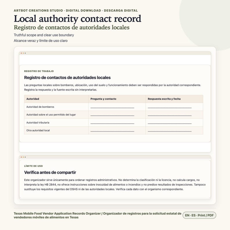 May include: A digital document template titled Local authority contact record, featuring a table for tracking inquiries with local officials, including columns for authority, contact, and written response, plus a usage disclaimer section in Spanish.