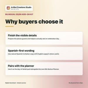 May include: A digital kit information graphic titled Why buyers choose it, featuring ArtBot Creations Studio branding. It lists three points: Finish the visible details, Spanish-first wording, and Pairs with the planner, with descriptive text for each point.