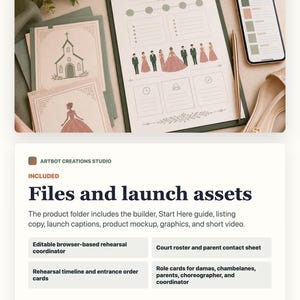 May include: A clipboard holding a printed wedding planning document with illustrations of a church and a wedding party, accompanied by a smartphone displaying a color palette, a gold pen, and two stationery cards with matching illustrations.