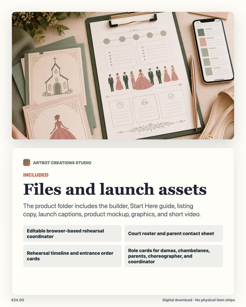 May include: A clipboard holding a printed wedding planning document with illustrations of a church and a wedding party, accompanied by a smartphone displaying a color palette, a gold pen, and two stationery cards with matching illustrations.
