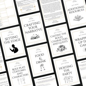 May include: Nine white cards with black text and illustrations. Each card features a different stage of planning a murder mystery party. The cards are titled: Setting the Stage, Crafting Your Narrative, Casting the Roles: Characters and Guests, Role Play: Costumes and Characters, Food & Drink, Hosting the Party, Wrapping Up the Game, Additional Resources, and Costume Coordination Planner.