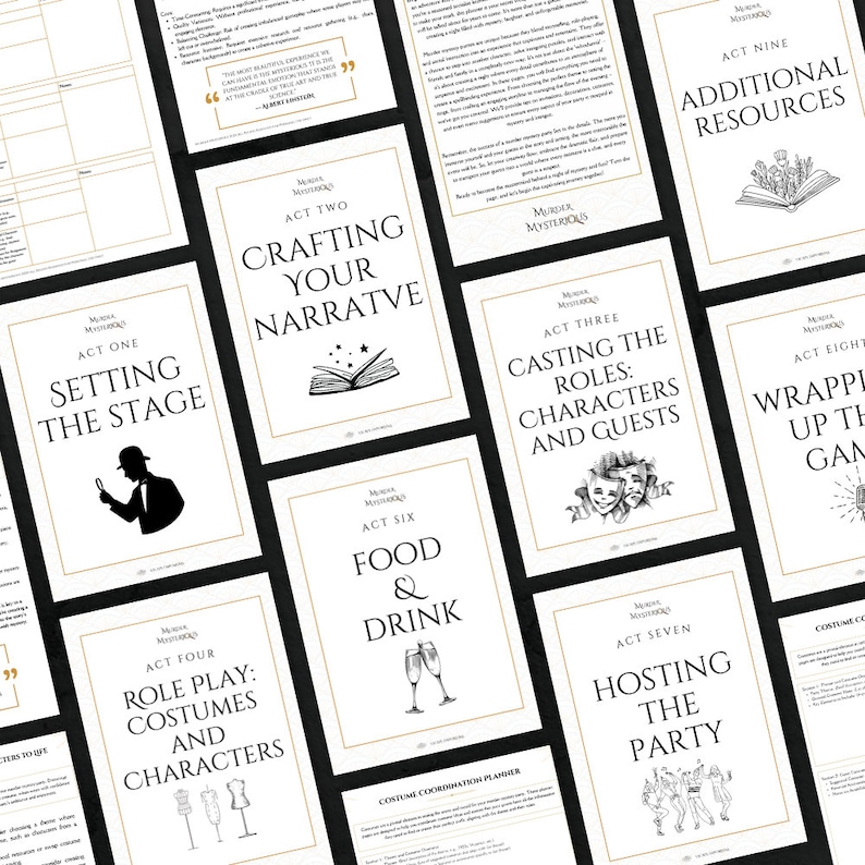 May include: Nine white cards with black text and illustrations. Each card features a different stage of planning a murder mystery party. The cards are titled: Setting the Stage, Crafting Your Narrative, Casting the Roles: Characters and Guests, Role Play: Costumes and Characters, Food & Drink, Hosting the Party, Wrapping Up the Game, Additional Resources, and Costume Coordination Planner.