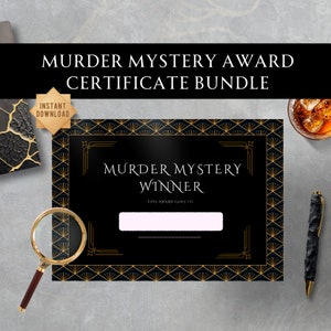 以下が含まれることがあります： 「Murder Mystery Winner」というテキストと、勝者の名前を書くためのスペースがある、黒と金の印刷可能な証明書。証明書には、装飾的なアールデコ模様が施されています。