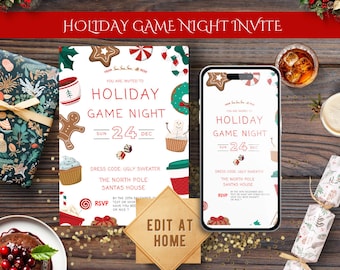 Uitnodiging spellenavond kerst: feestelijk kerstfeest (digitale download)