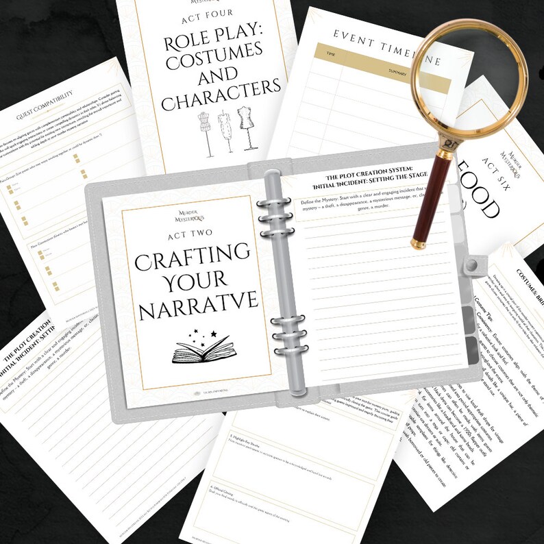 May include: A gray and white binder with the title "Crafting Your Narrative" and the words "Act Two" on the cover. The binder is open to a page with the title "The Plot Creation System: Initial Incident: Setting the Stage".