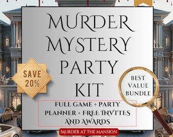 May include: A digital download for a murder mystery party kit. The image shows a mansion with a fountain in the foreground. The text on the image reads "Murder Mystery Party Kit", "Full Game + Party Planner + Free Invites and Awards", "Murder at the Mansion", "Save 20%", and "Best Value Bundle".