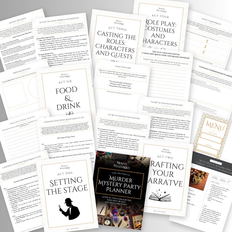 May include: A colorful guide for planning a murder mystery party. The guide includes sections for setting the stage, casting roles, crafting the narrative, role play, costumes, and food and drink. The guide also includes a section on the ultimate murder mystery party planner.