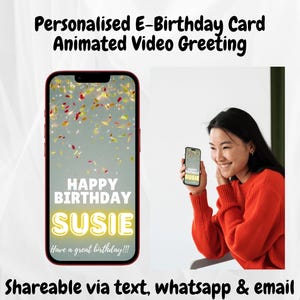 Personalisable Animated Happy Birthday E-card for Mobile Phone, Customised Digital birthday card, Birthday Greeting E-Card Video. MP4 & GIF