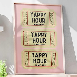 Yappy Hour ピンクプリント、ハッピーアワーバーカートウォールアート、バーカート印刷可能、レトロカクテルアート、パーティードリンクサイン、インスタントデジタルダウンロード