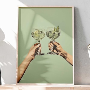 Sage Green Cheers Print Barwagen Poster Trendy Küchenkunst Alkohol Poster Retro Gast Check Print Preppy Cocktail Print Funky