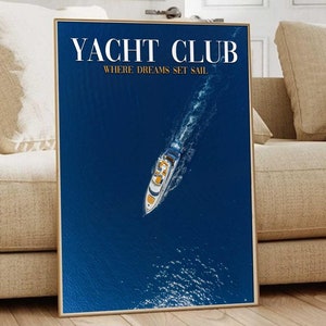 Póster de club náutico de los años 70, póster de revista de arte mural Vogue, póster de casa de verano, arte azul marino, impresión retro, arte náutico preppy vintage Y2K