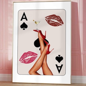 Roze speelkaart print trendy muurkunst retro schoppenaas print rode hakken mode poster barwagen decor krant martini luxe lippen kus