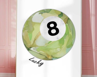 Vintage Pool Ball Print Lucky 8 Ball Wall Art Sage Green Pool Ball Poster Retro Hand Drawn Poster Trendy Digital Art Prints Printable Decor